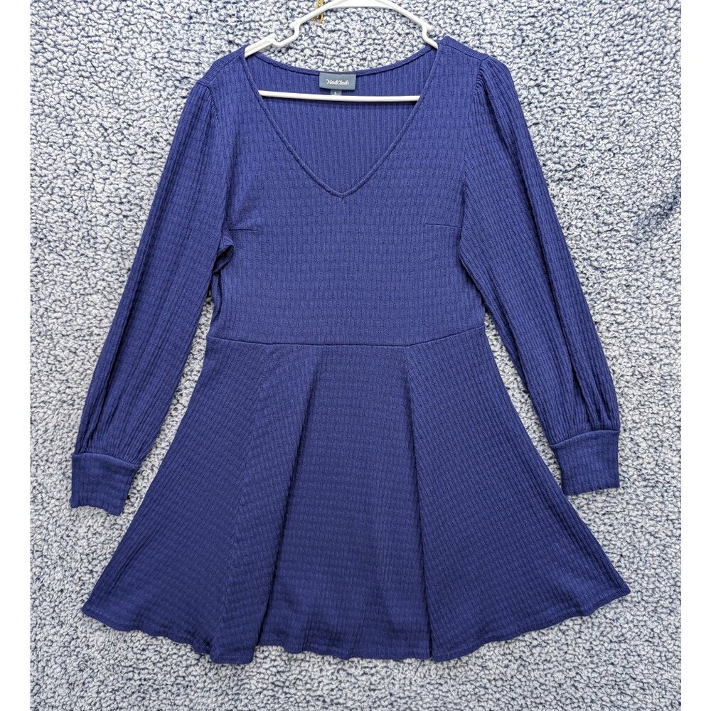 Modcloth Skater Dress Size Large Mini Long Sleeve V-Neck Knit Pullover Cali Blue
